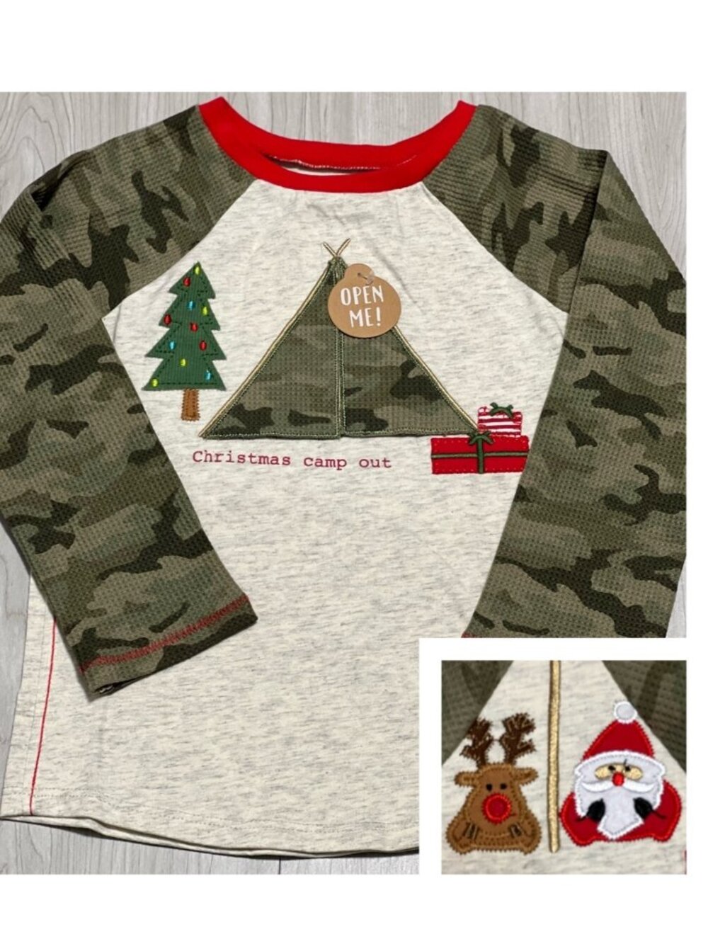 Mud Pie Christmas shirt 2T 3T NWT Santa Rudolph Reindeer camo tent camp out